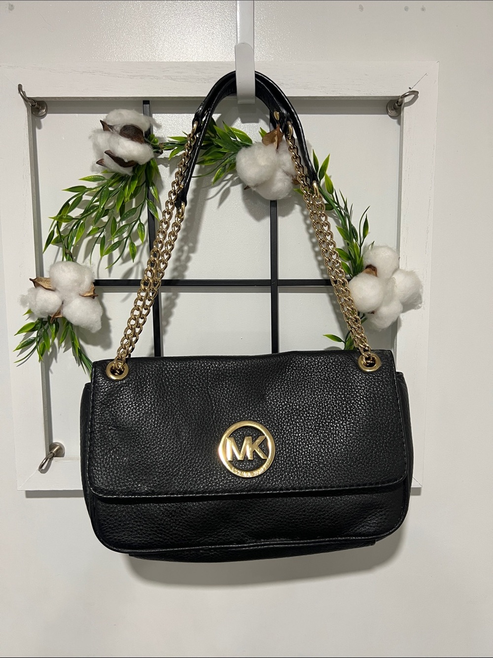 Michael Kors Black Pebbled Leather Shoulder Bag with Gold Accents